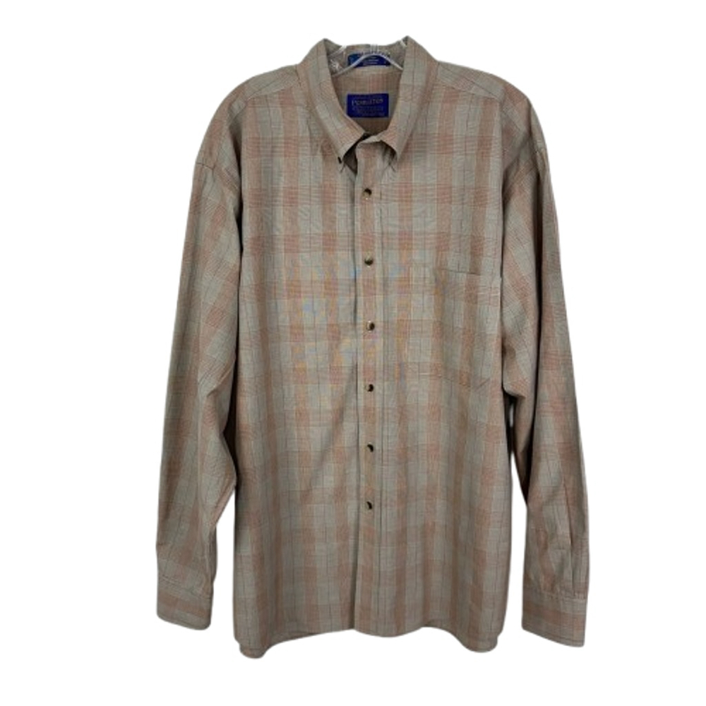Pendleton Shirt Mens XL Beige Plaid Button Down Collar Wrinkle Resistant Casual